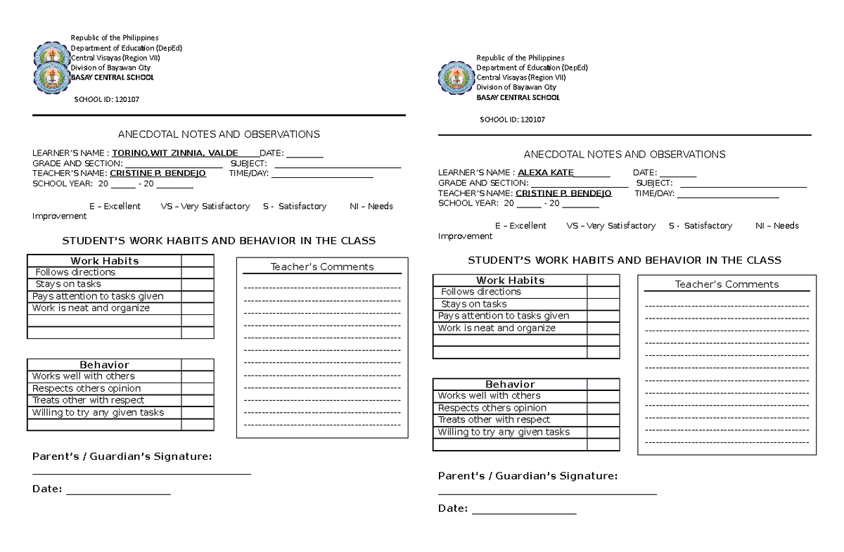 Anecdotal Notes Template - DepEd, Bayawan City, Grade Details - Studocu