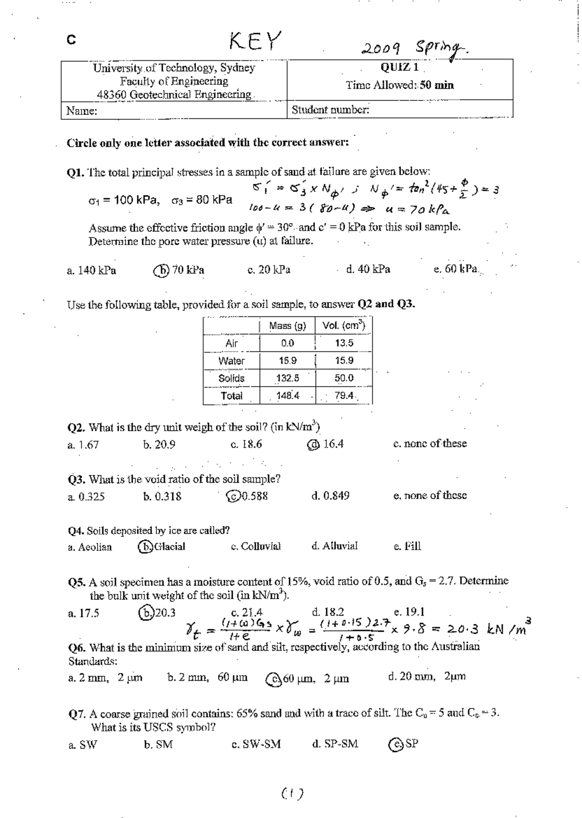 Quiz1 with Answers - C QS - Geotechnical Engineering 2009 - Studocu