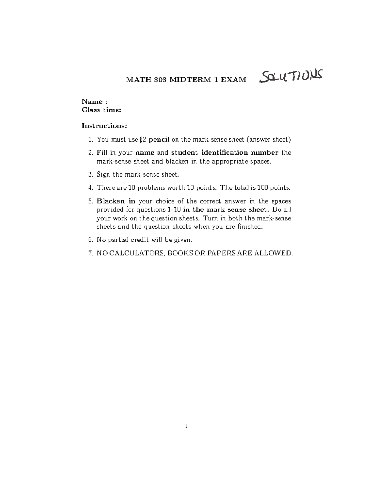 MATH 303 Midterm 1 2023 Practice Exam Solutions - Studocu