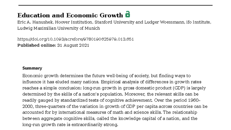 EDUC 101: Education's Impact on Economic Growth - Hanushek & Woessmann ...