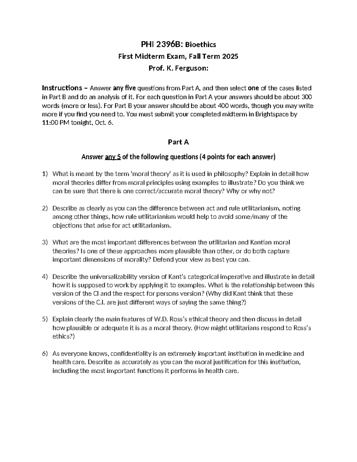 PHI 2396B: Bioethics First Midterm Exam Questions and Guidelines - Studocu