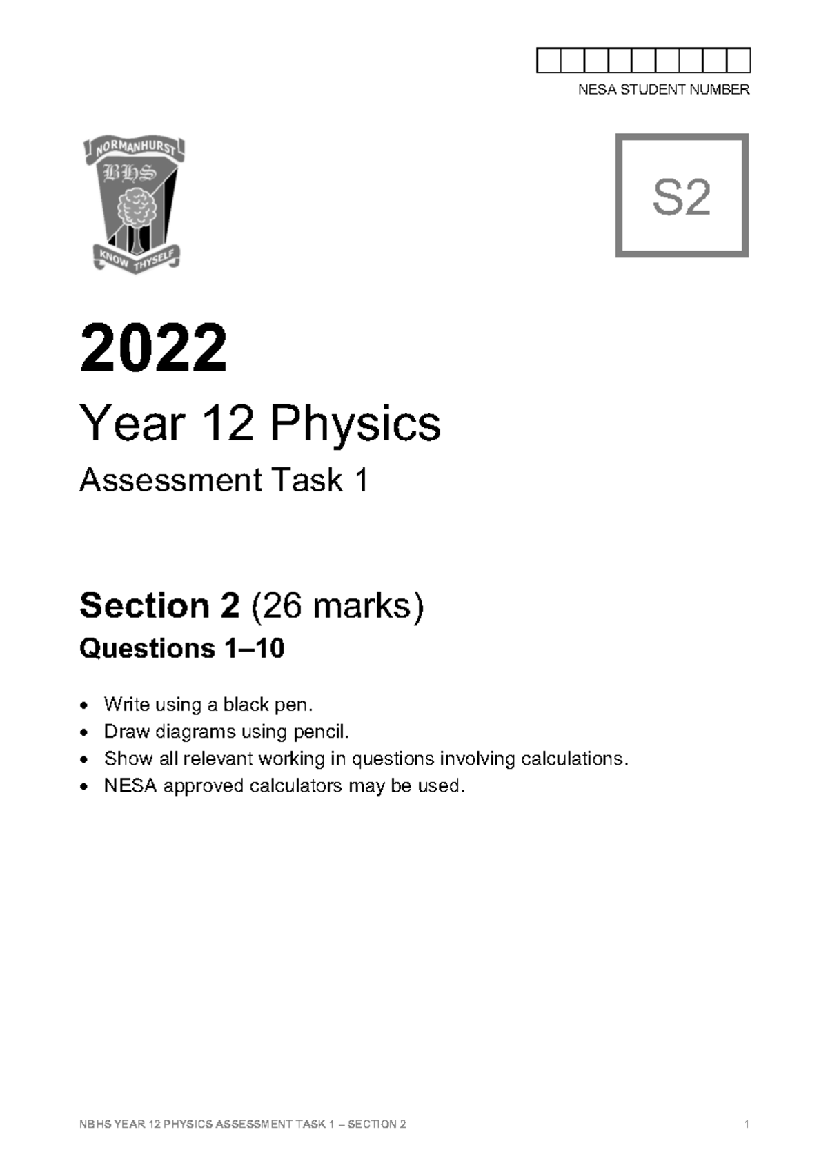 Year 12 Physics AT1 - Section 2 Final Exam 2022 MG - Studocu