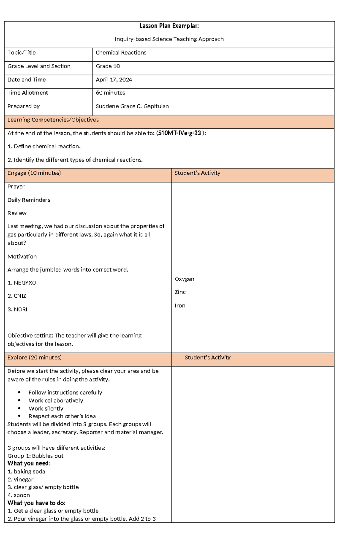 Grade 10 Chemical Reactions Lesson Plan - Inquiry-Based Approach - Studocu
