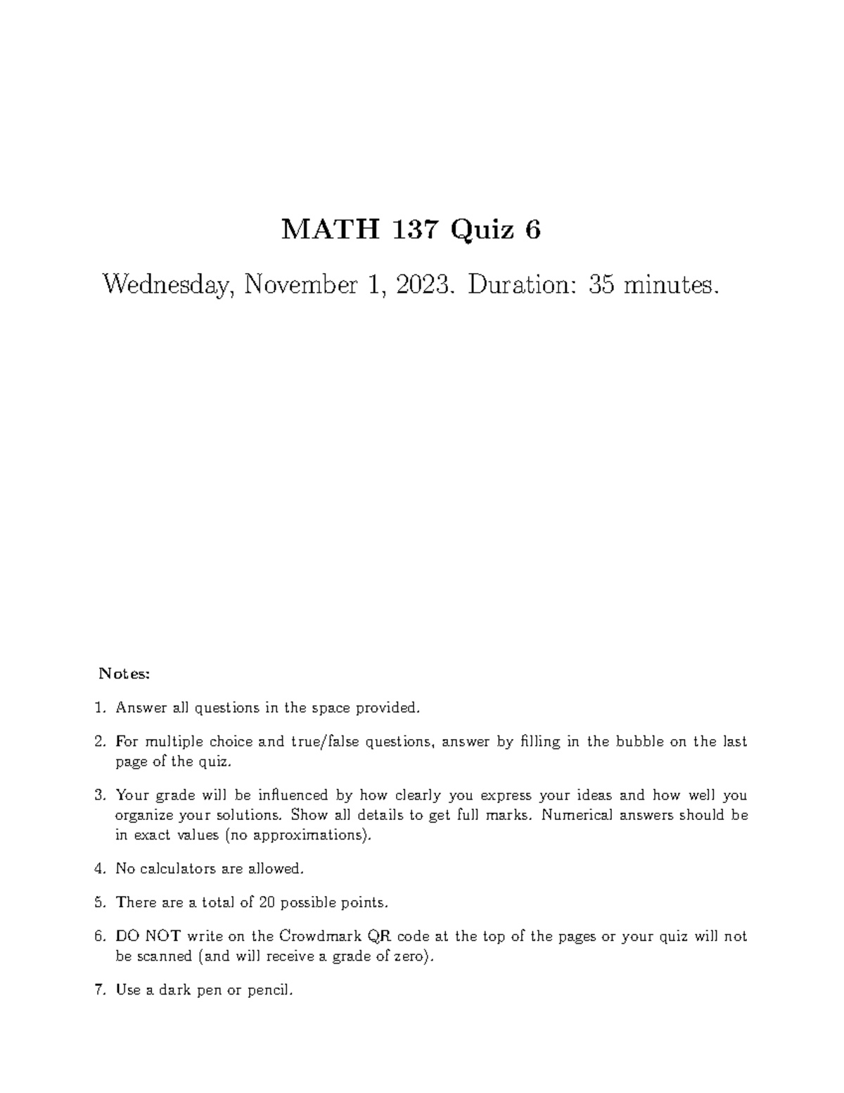 MATH 137 Quiz 6 Instructions and Sample Questions - Studocu