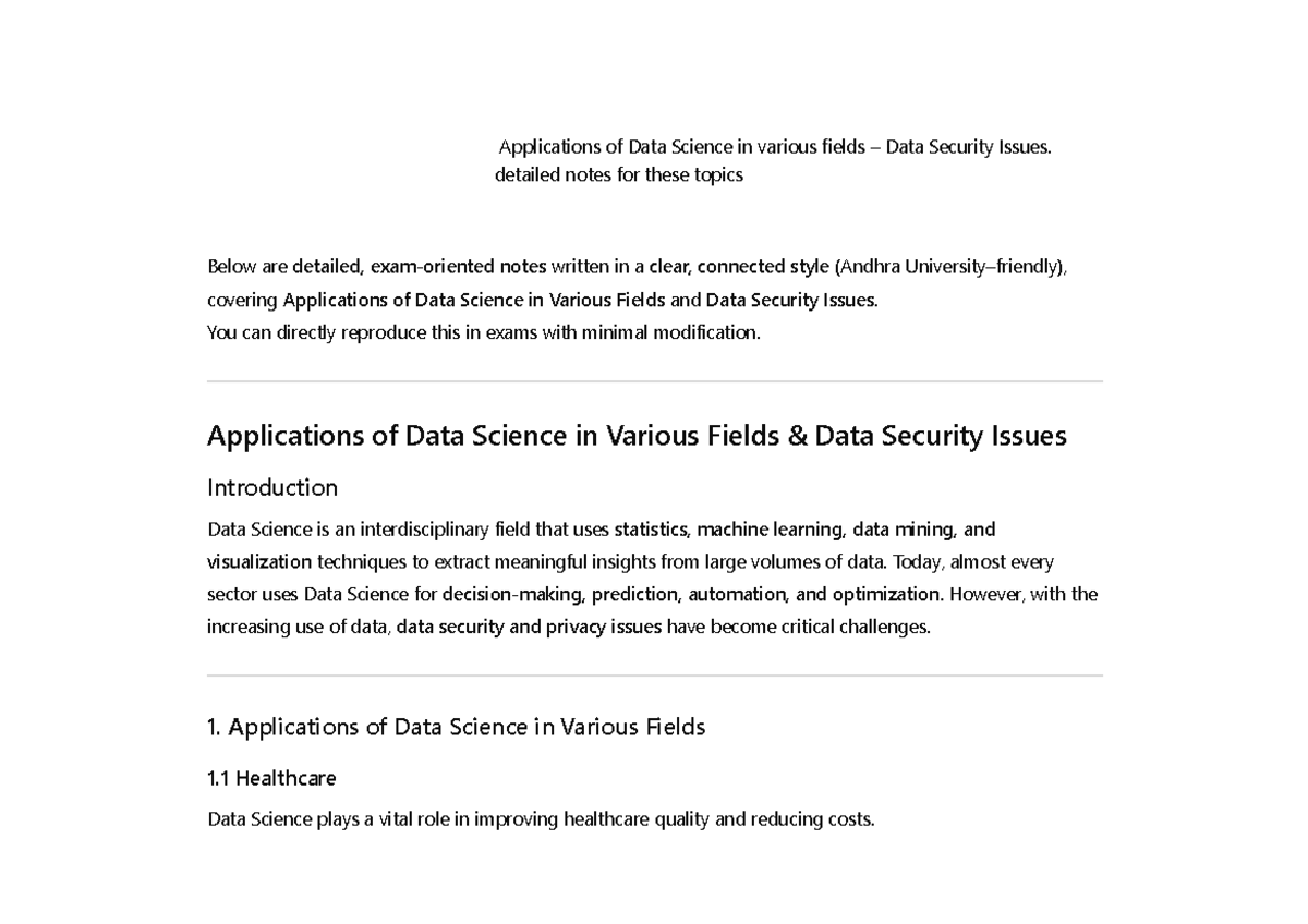 Data Science Applications & Data Security Issues: Detailed Notes - Studocu