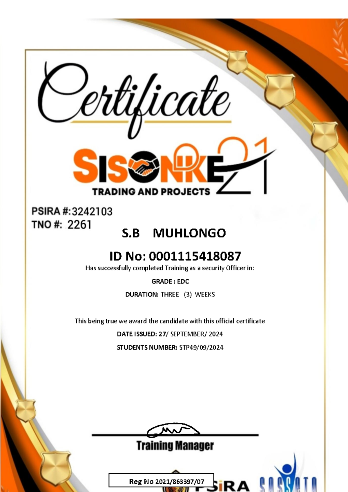SP CERT 1 - Just from mgobodi - S MUHLONGO ID No: 0001115418087 Has ...