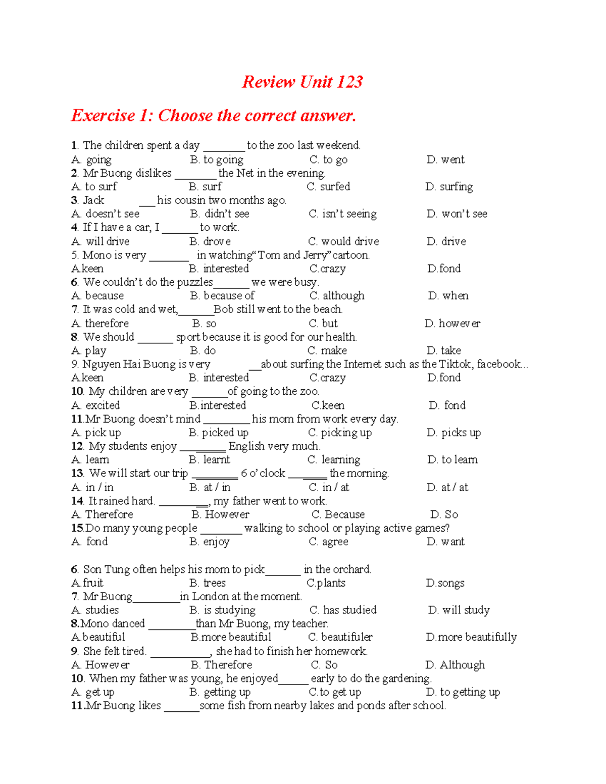Review Unit 123 - English Exercise Answers and Practice - Studocu