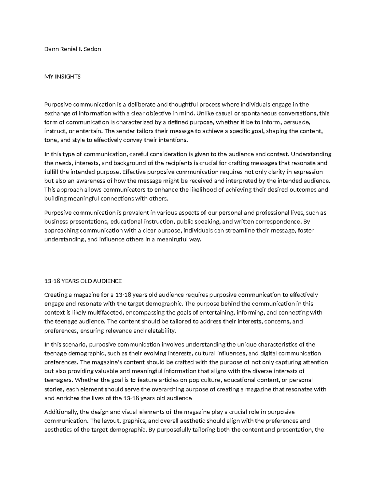 Sedon Insights - It is an essay - Dann Reniel I. Sedon MY INSIGHTS ...