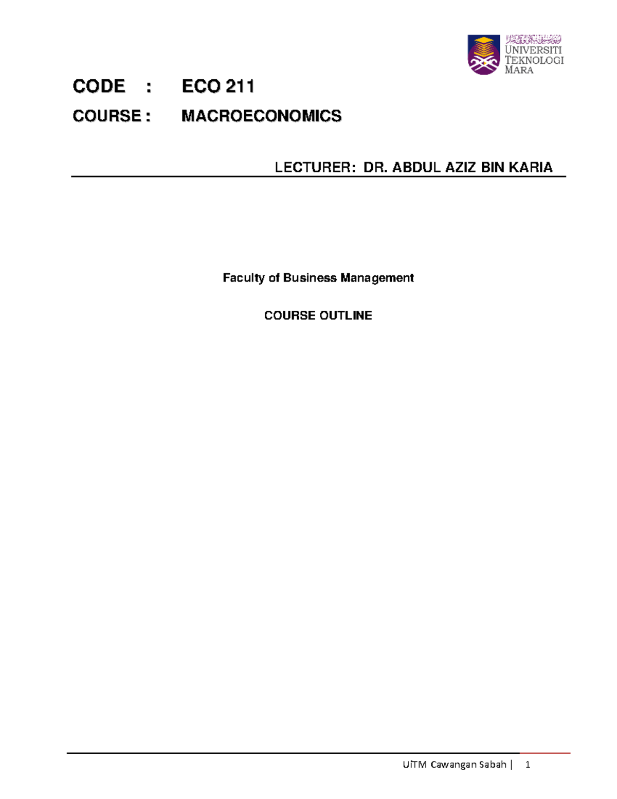 ECO211 Course Outline - Lecture notes 1 - UiTM Cawangan Sabah | 1 ...