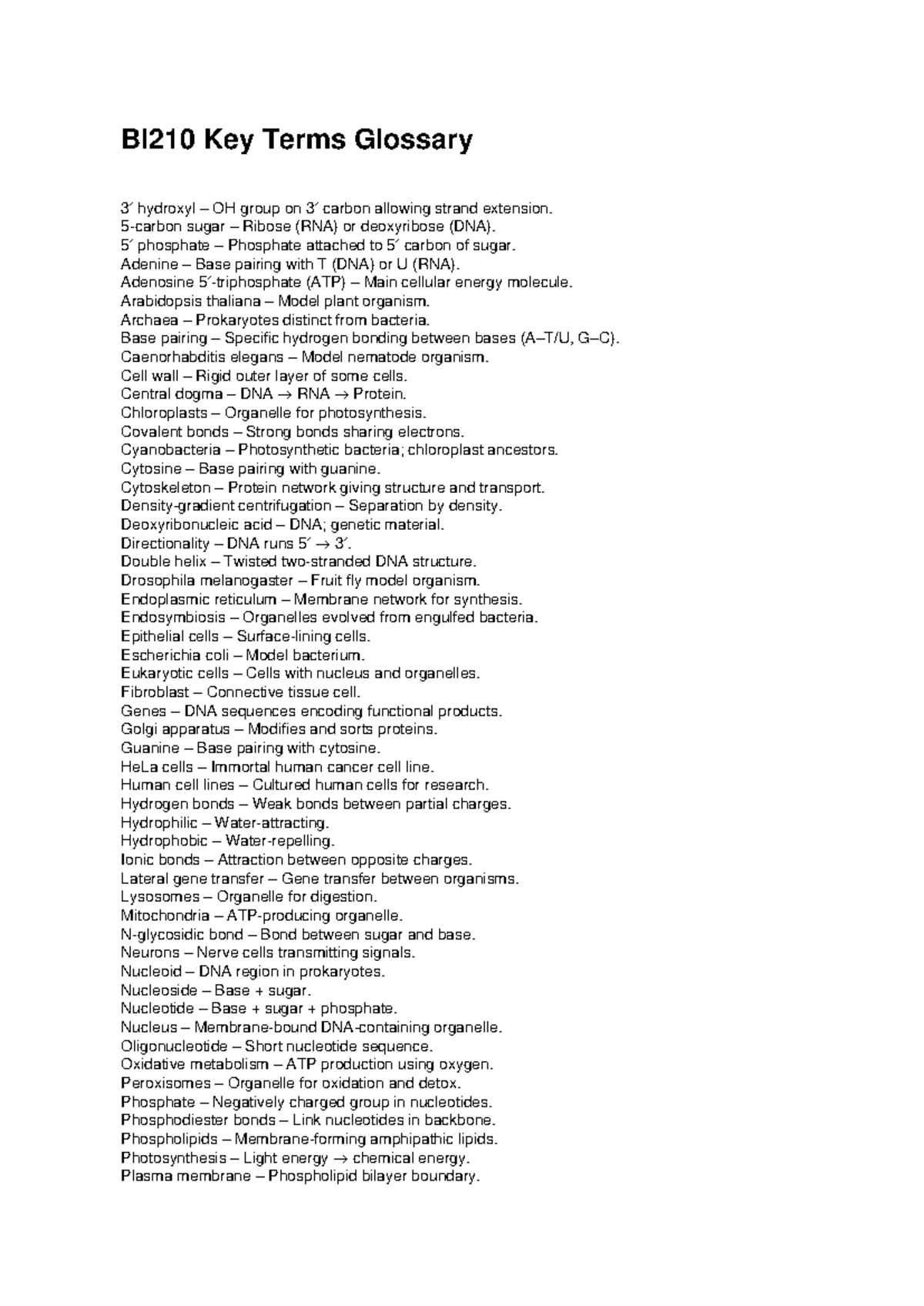 BI210 Key Terms Glossary: Essential Concepts in Molecular Biology - Studocu