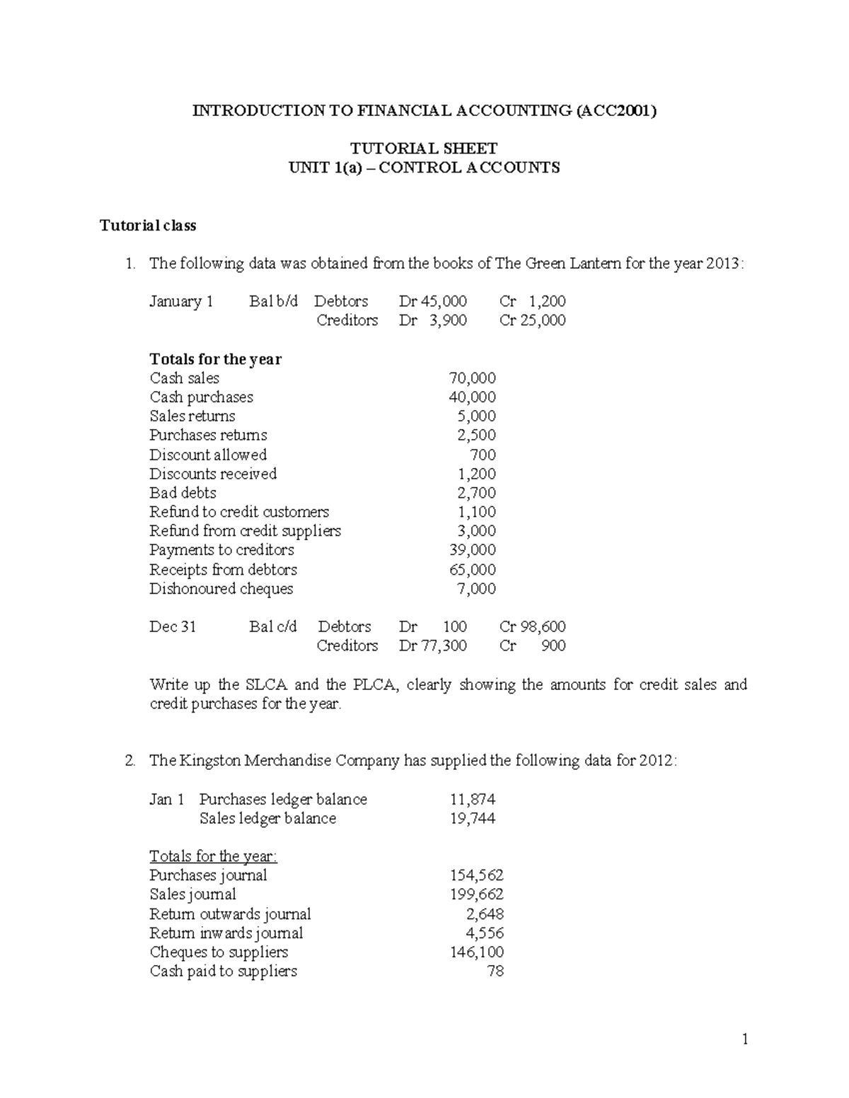 Unit 1(a) - Control Accounts Tutorial Sheet for ACC2001 Course - Studocu