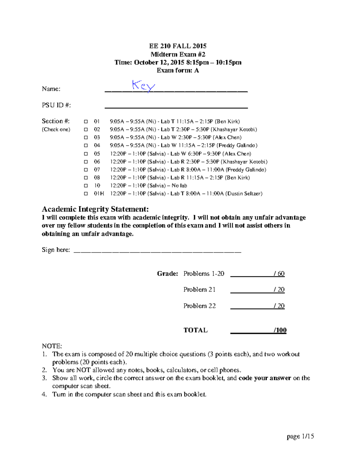 EE210 Midterm Exam 2 Solutions - Fall 2015 - Studocu