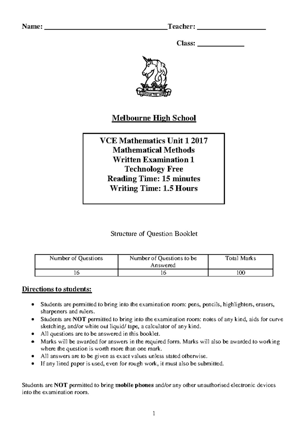 2017 VCE Mathematics Unit 1 Exam: Methods Written Exam 1 - Studocu