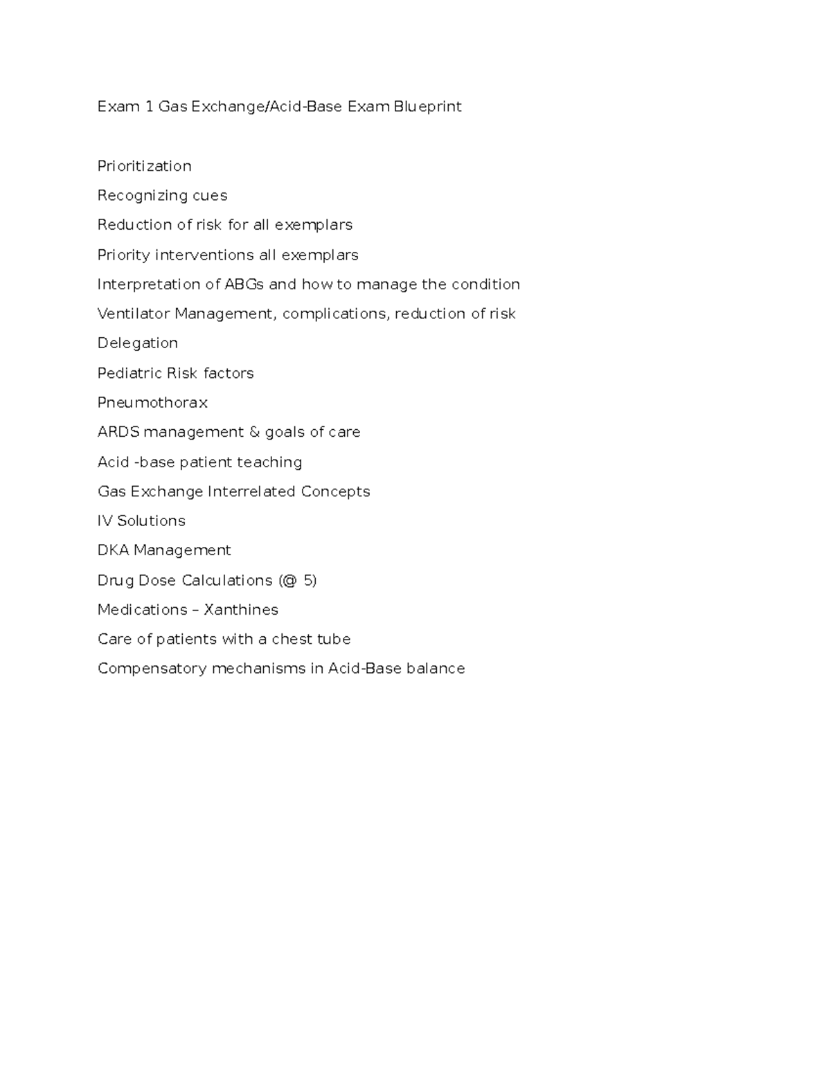 Exam 1 Key Concepts - Exam 1 Gas Exchange/Acid-Base Exam Blueprint ...