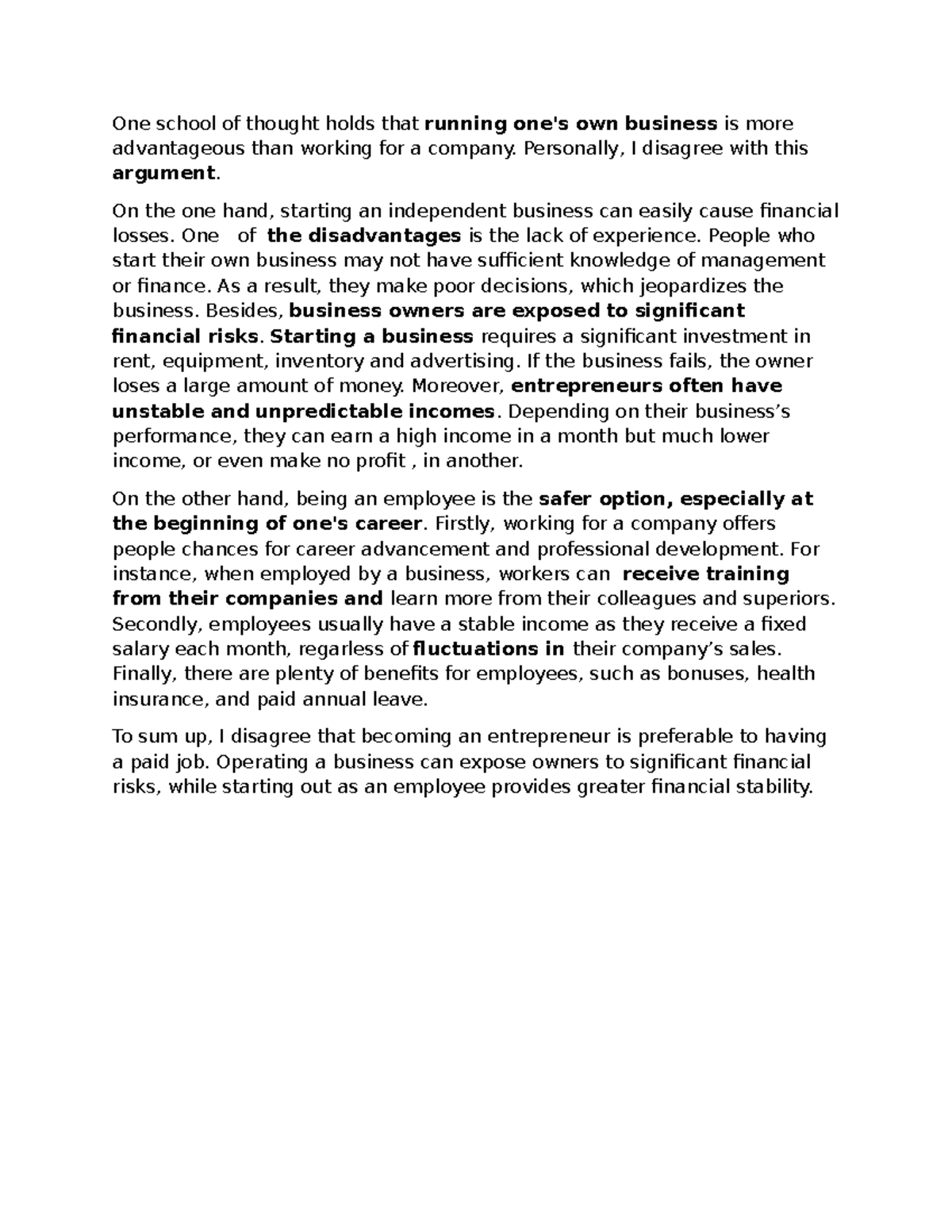 TOEIC Essay: The Pros and Cons of Entrepreneurship vs. Employment - Studocu
