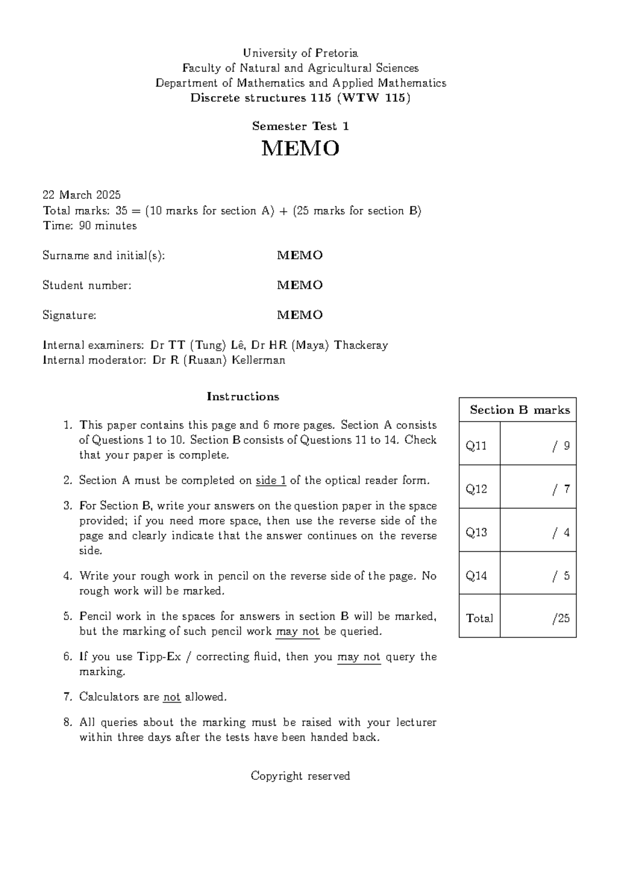 WTW 115 Discrete Structures S1 2025 Semester Test 1 Memo - Studocu