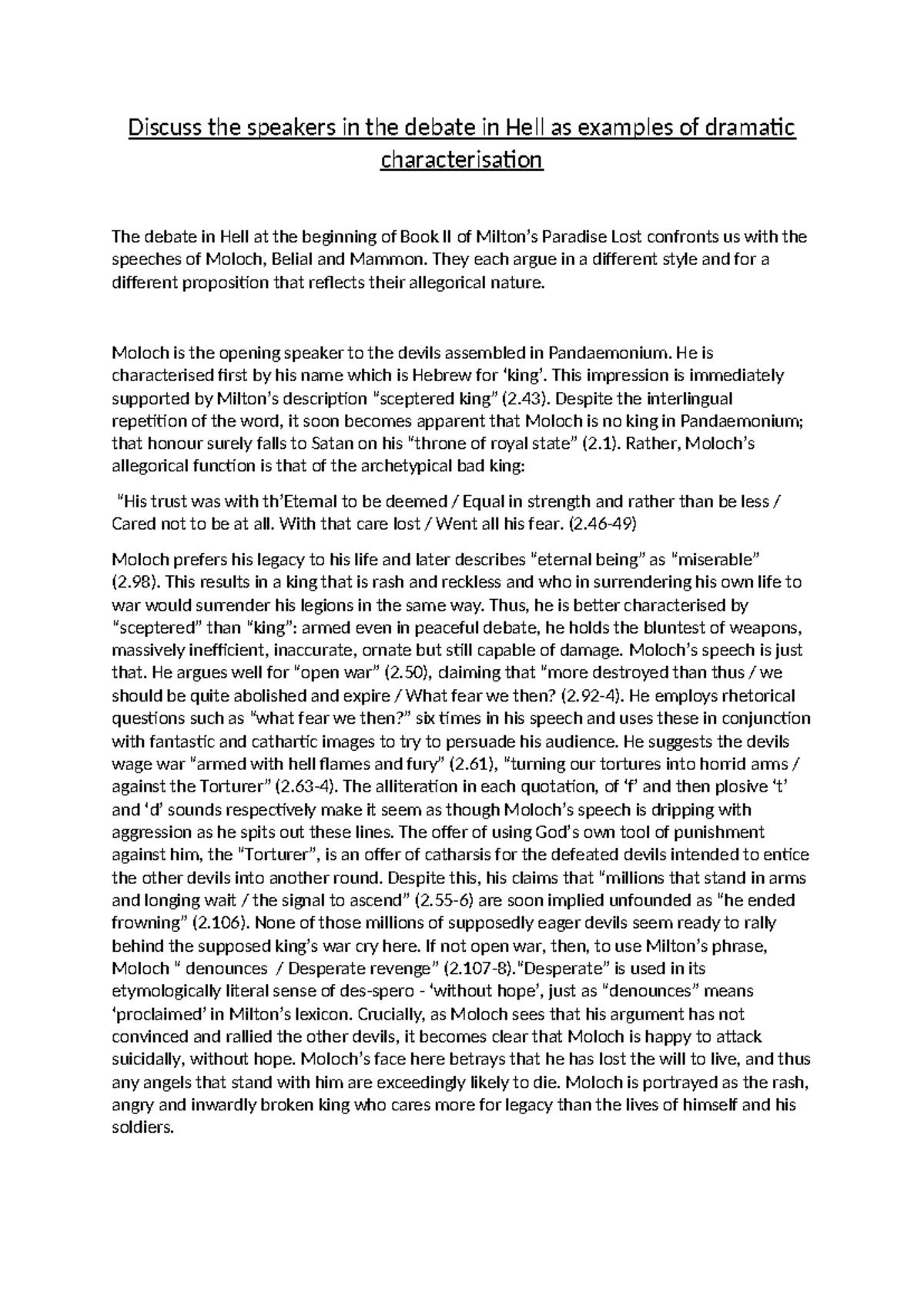 Devils essay PL - Discuss the speakers in the debate in Hell as ...