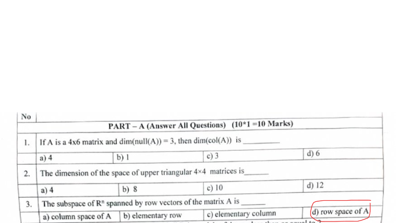 Linear Algebra Quiz (Course Code: MATH101) - Part A & B - Studocu