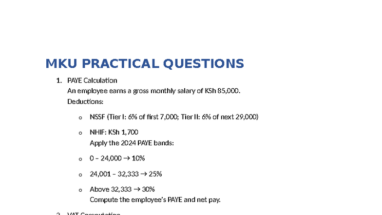 MKU PRACTICAL QUESTIONS: PAYE, VAT, & Tax Computations - Studocu