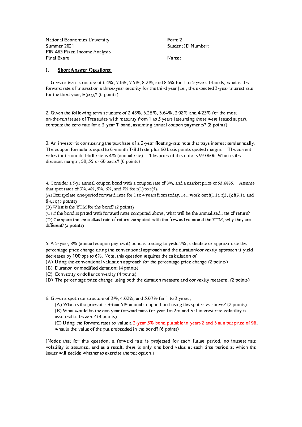 FIN 485 Fixed Income Analysis Summer 2021 Final Exam I Questions - Studocu