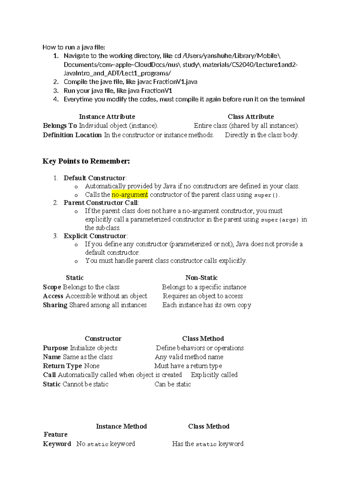 CS Handy Notes: Running Java Files and Understanding Constructors - Studocu