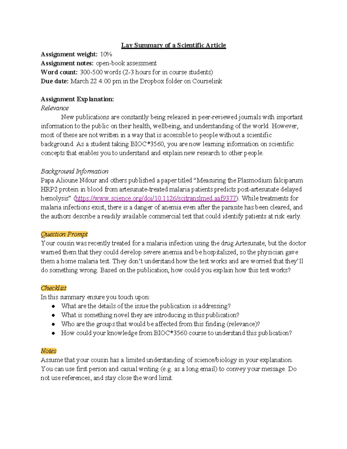 BIOC3560 W24 Lay Summary Assignment: Guiding a Malaria Understanding ...