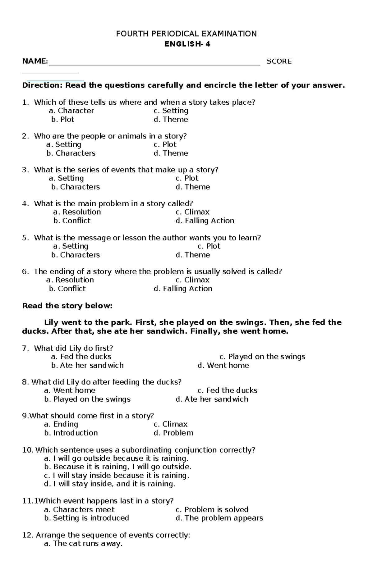 English PT quarter 4 - periodical test - FOURTH PERIODICAL EXAMINATION ...