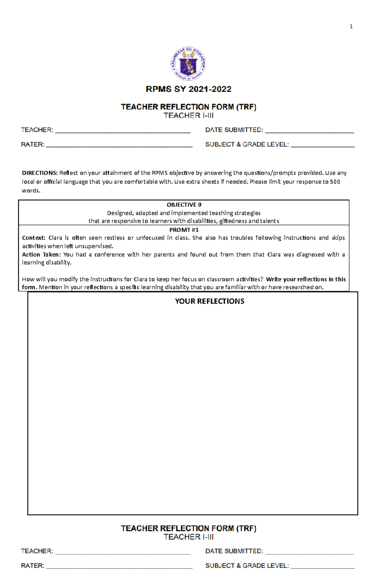 RPMS SY 2021-2022 Teacher Reflection Form TRF on Inclusivity Strategies ...