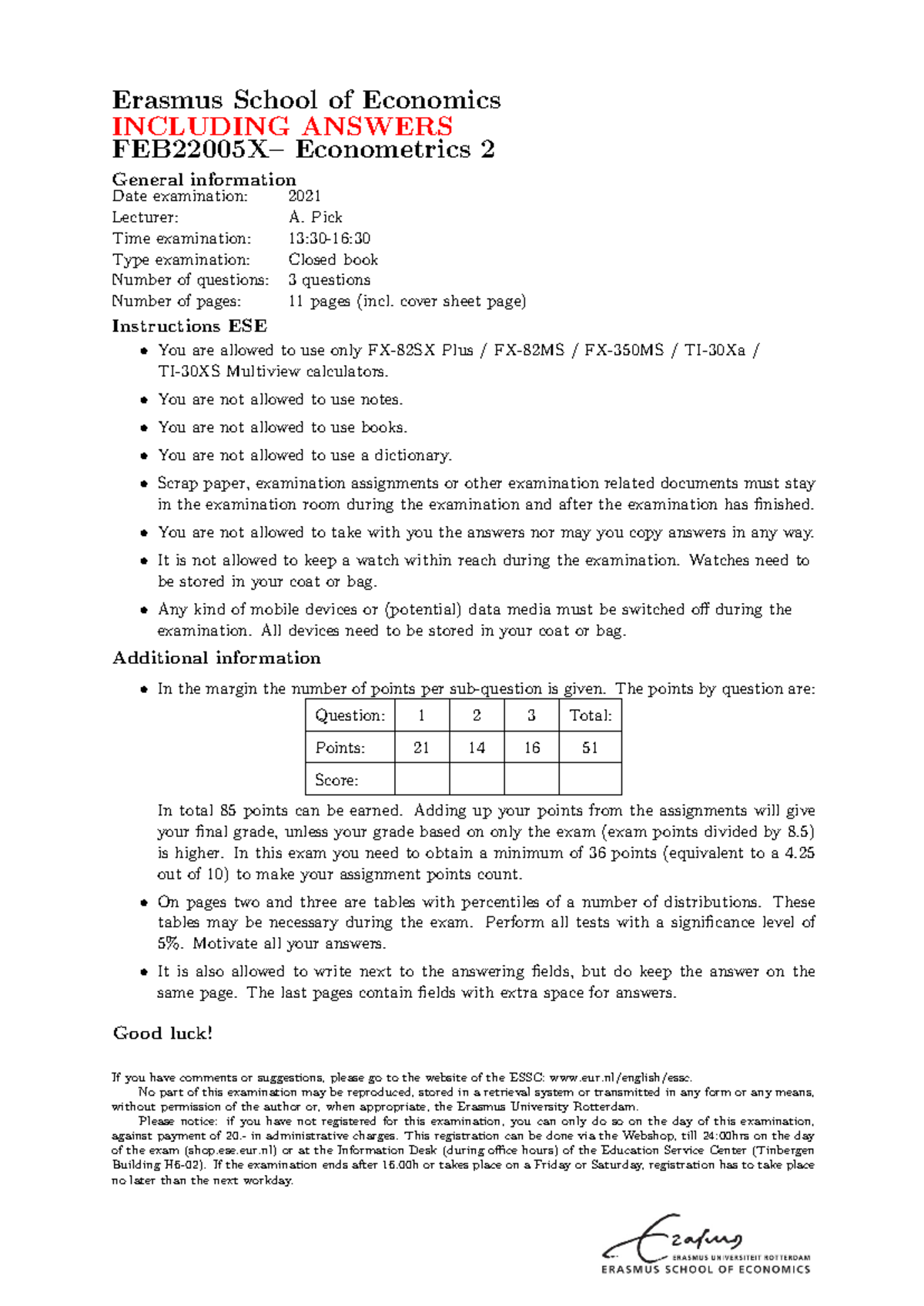 Exam FEB22005X: Econometrics 2 Final Exam 2021 with Solutions - Studeersnel