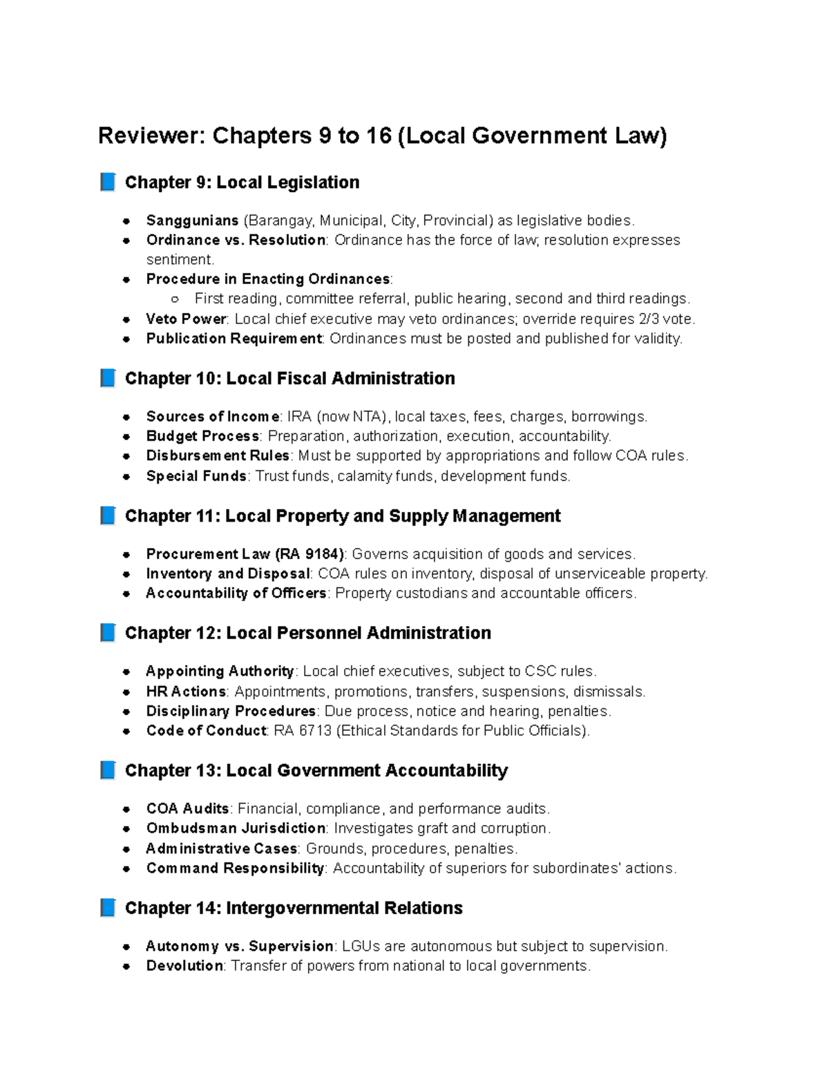 Reviewer: Chapters 9-16 (Local Government Law) Overview and Key ...