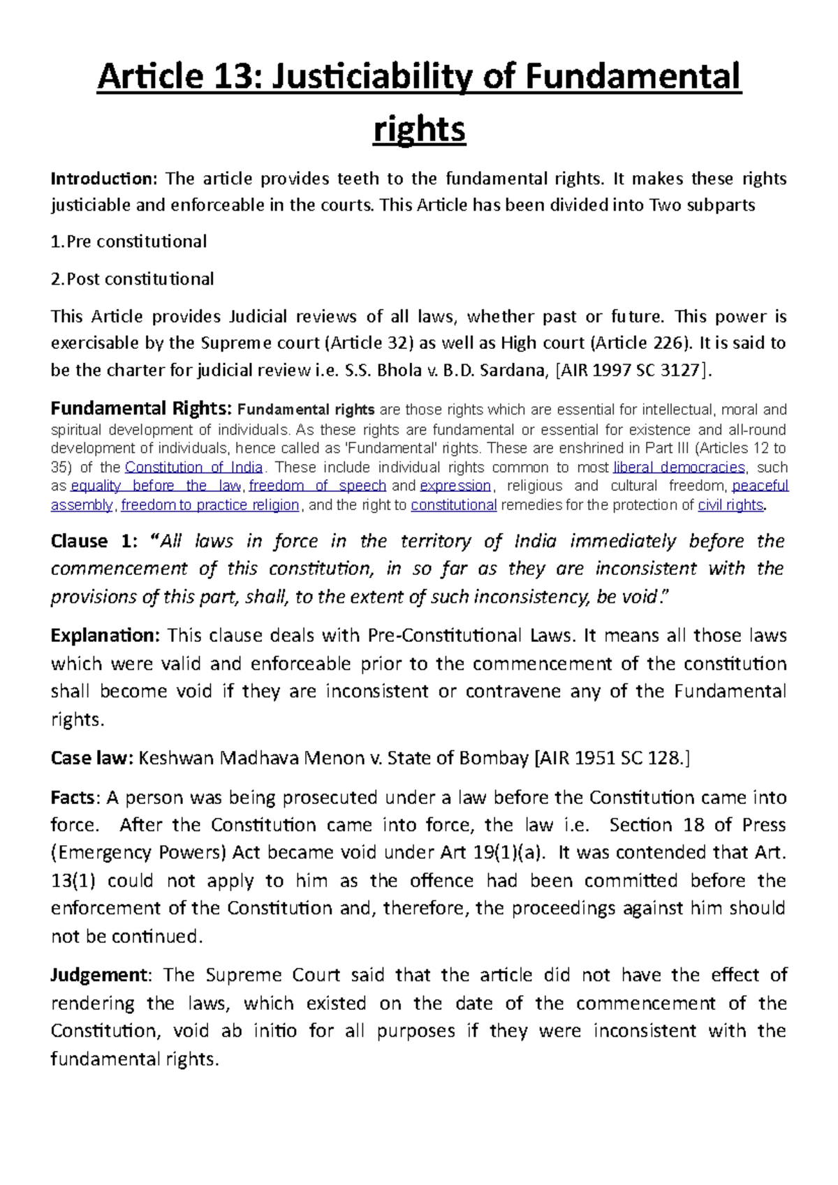 Article 13: Justiciability of Fundamental Rights Explained - Studocu