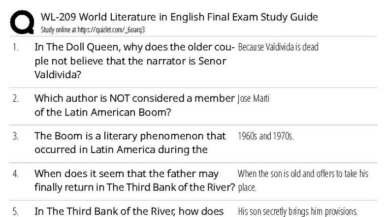 WL-209 World Literature in English Final Exam Study Guide - Studocu