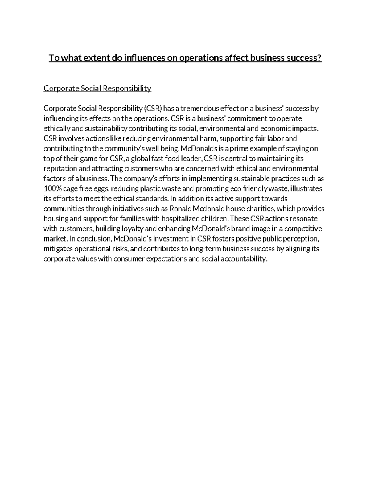 Corporate Social Responsibility (CSR) Impact on Business Success - Studocu