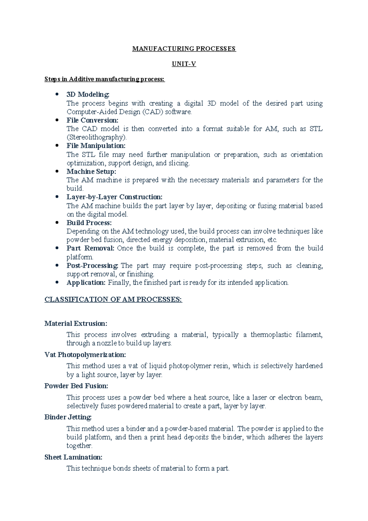 Manufacturing Processes (UNIT-V): Steps and Applications of Additive ...