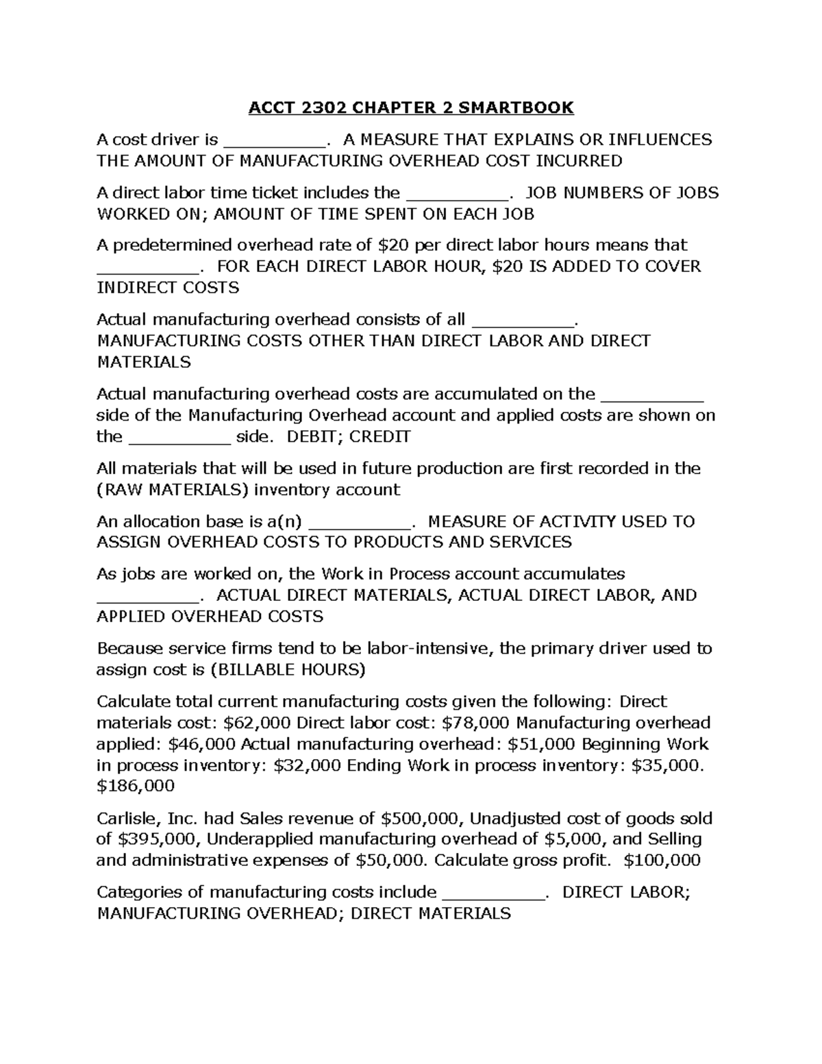 ACCT 2302 Chapter 2 Smart Book - ACCT 2302 CHAPTER 2 SMARTBOOK A cost ...