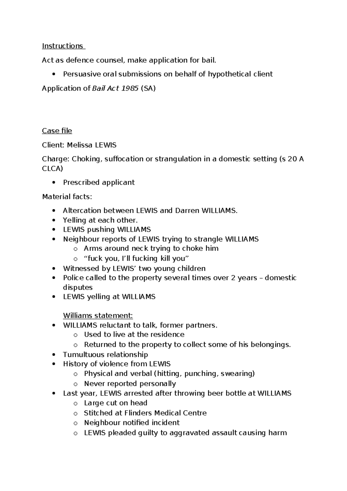 Bail Advocacy Assessment: Application for Melissa Lewis (CLCA s 20A ...