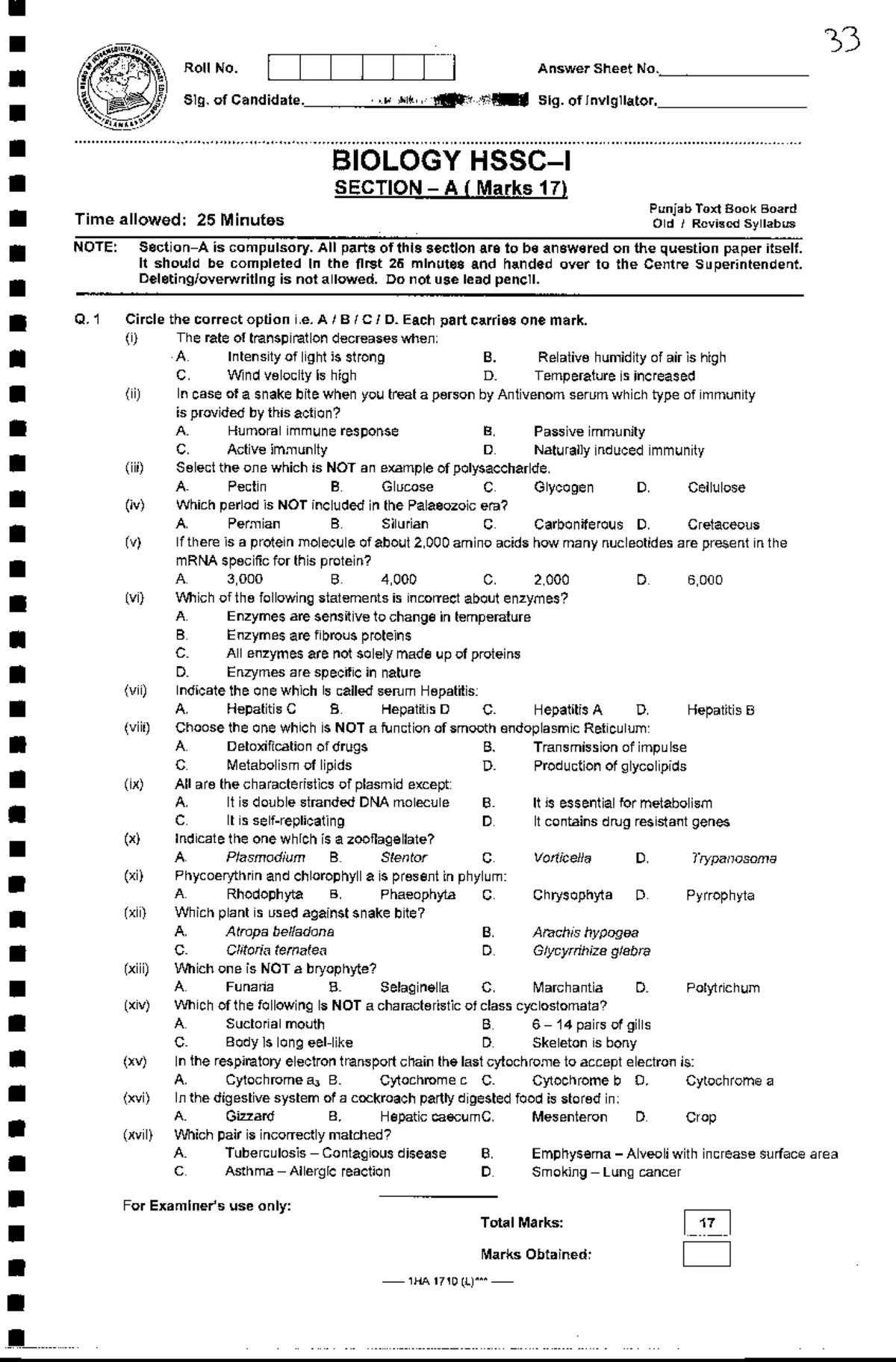 Biology Exam Paper (1HS 1810) - Section A & B Overview - Studocu