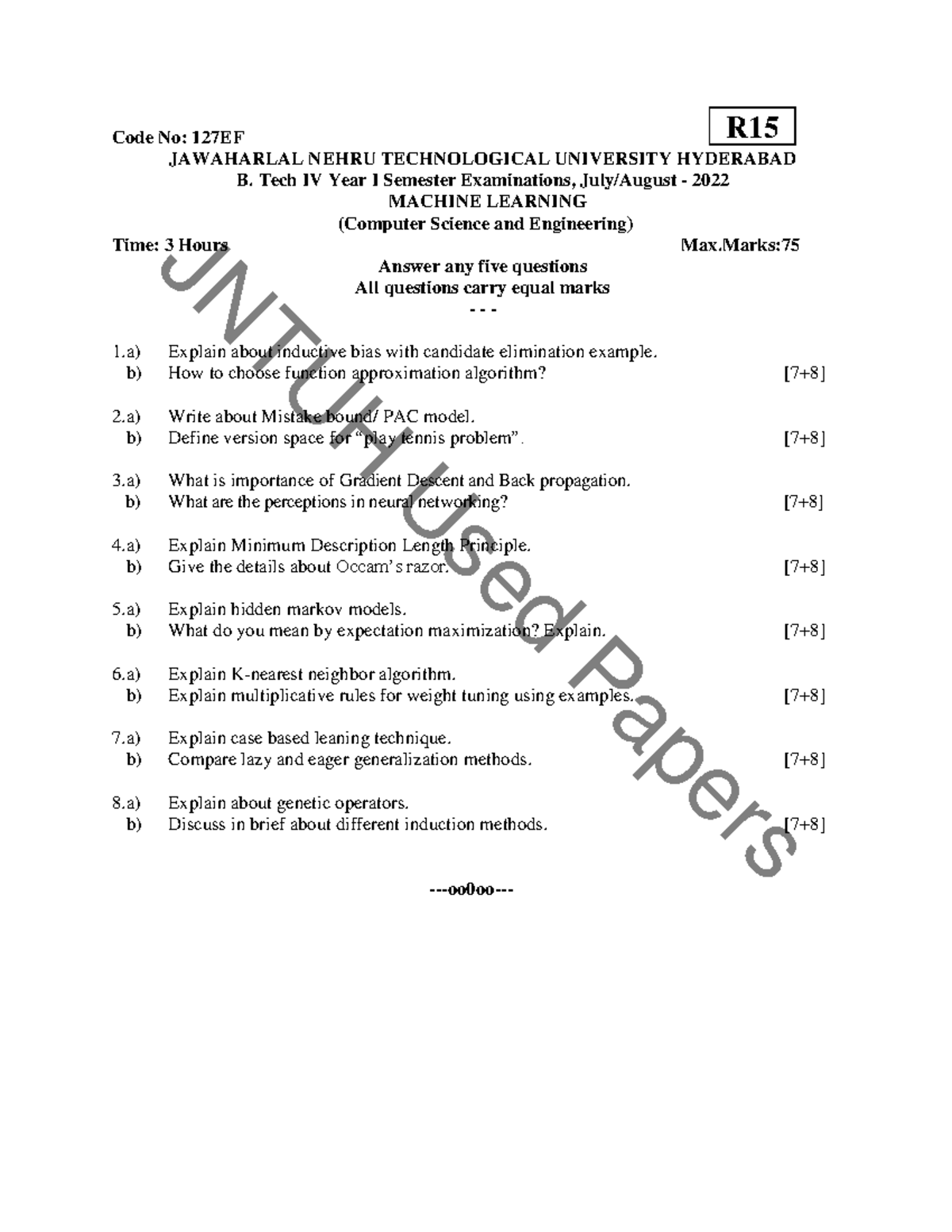R15 B.Tech IV Year I Sem Exam 2022: Machine Learning Q&A - Studocu