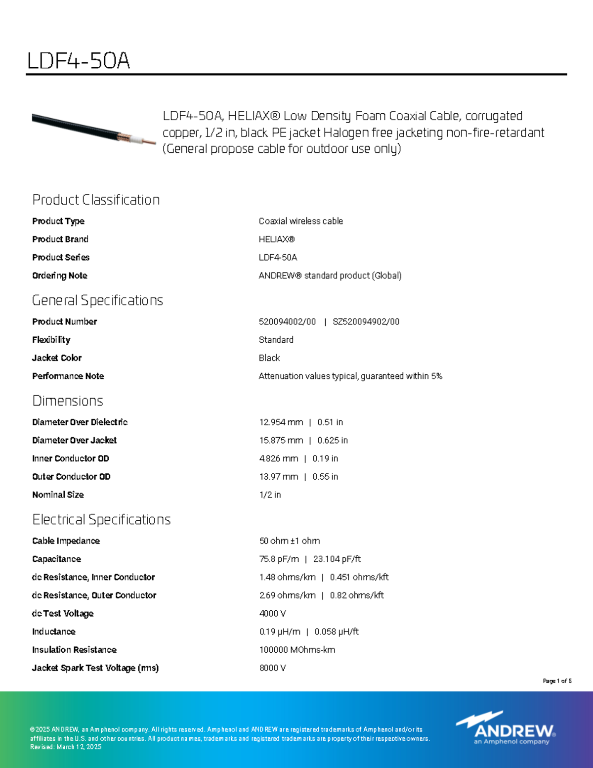 LDF4-50A Coaxial Cable Product Specifications Overview - Studeersnel