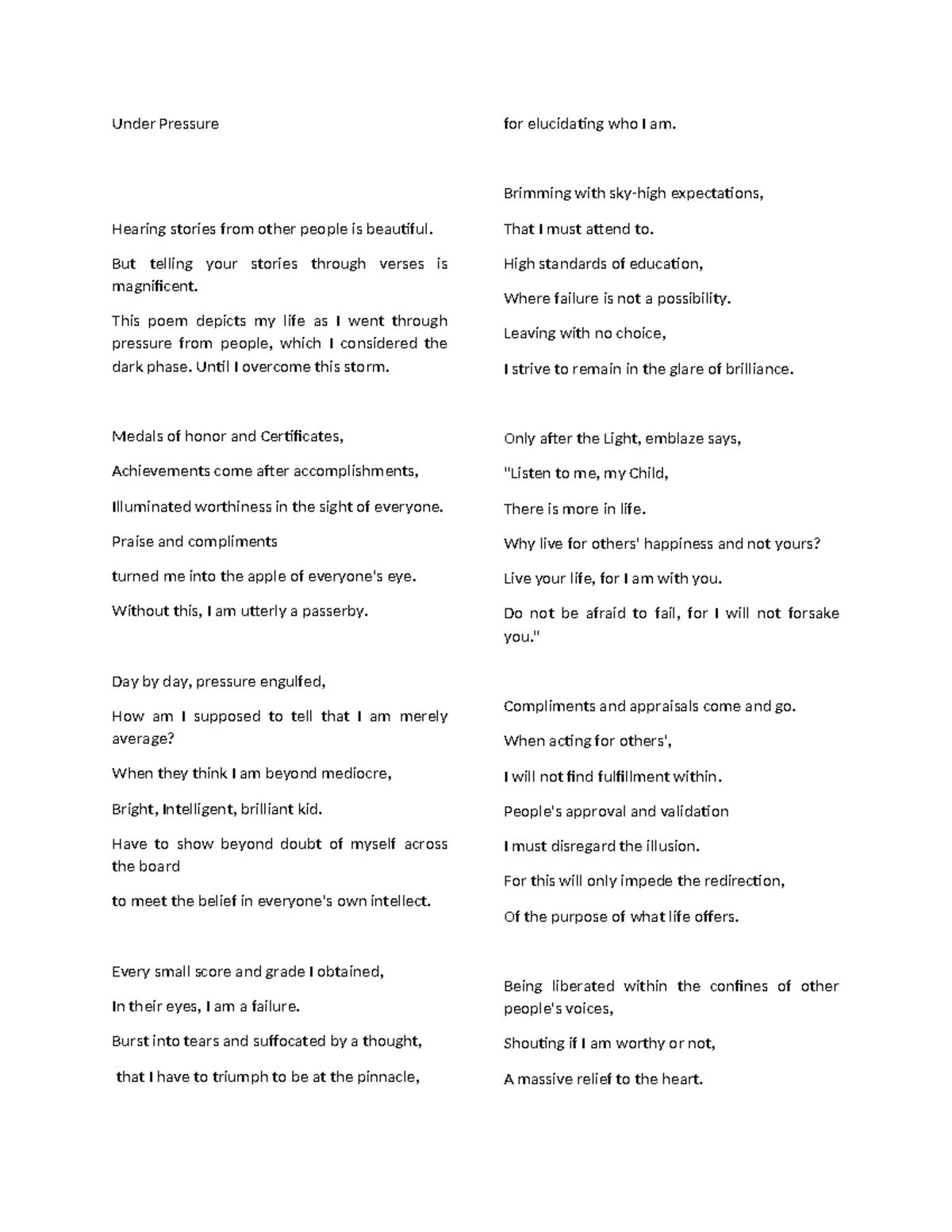 Poetry Script: Under Pressure and the Quest for Self-Worth - Studocu