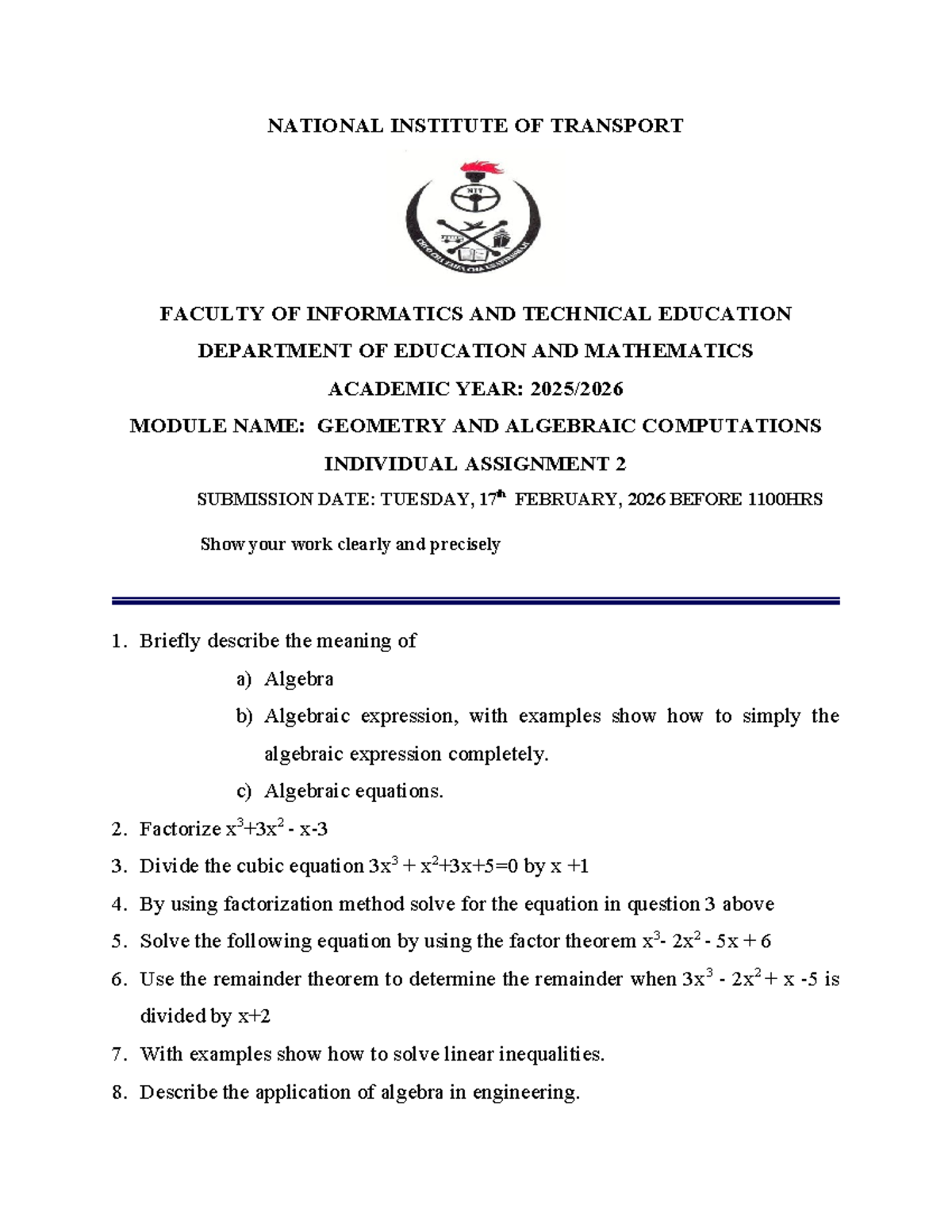 GEOMETRY & ALGEBRAIC COMPUTATIONS ASSIGNMENT 2 - MATH 101 - Studocu