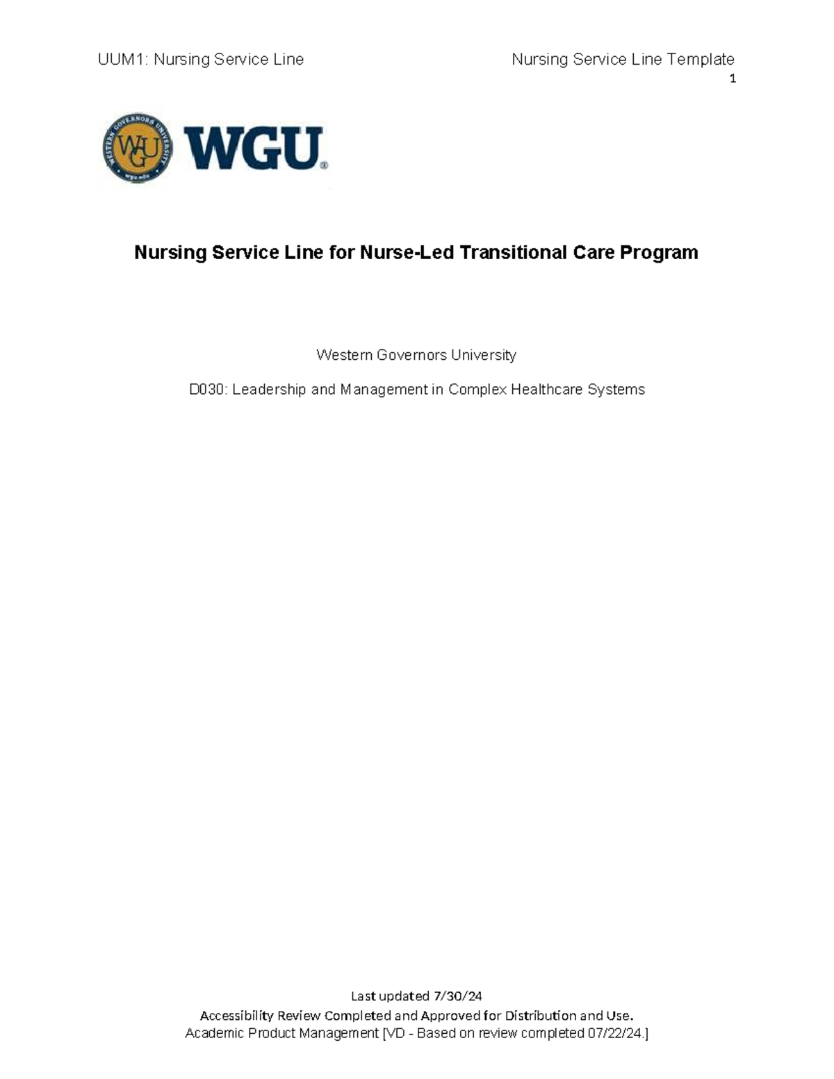 UUM1: Nursing Service Line Performance Assessment for Transitional Care ...