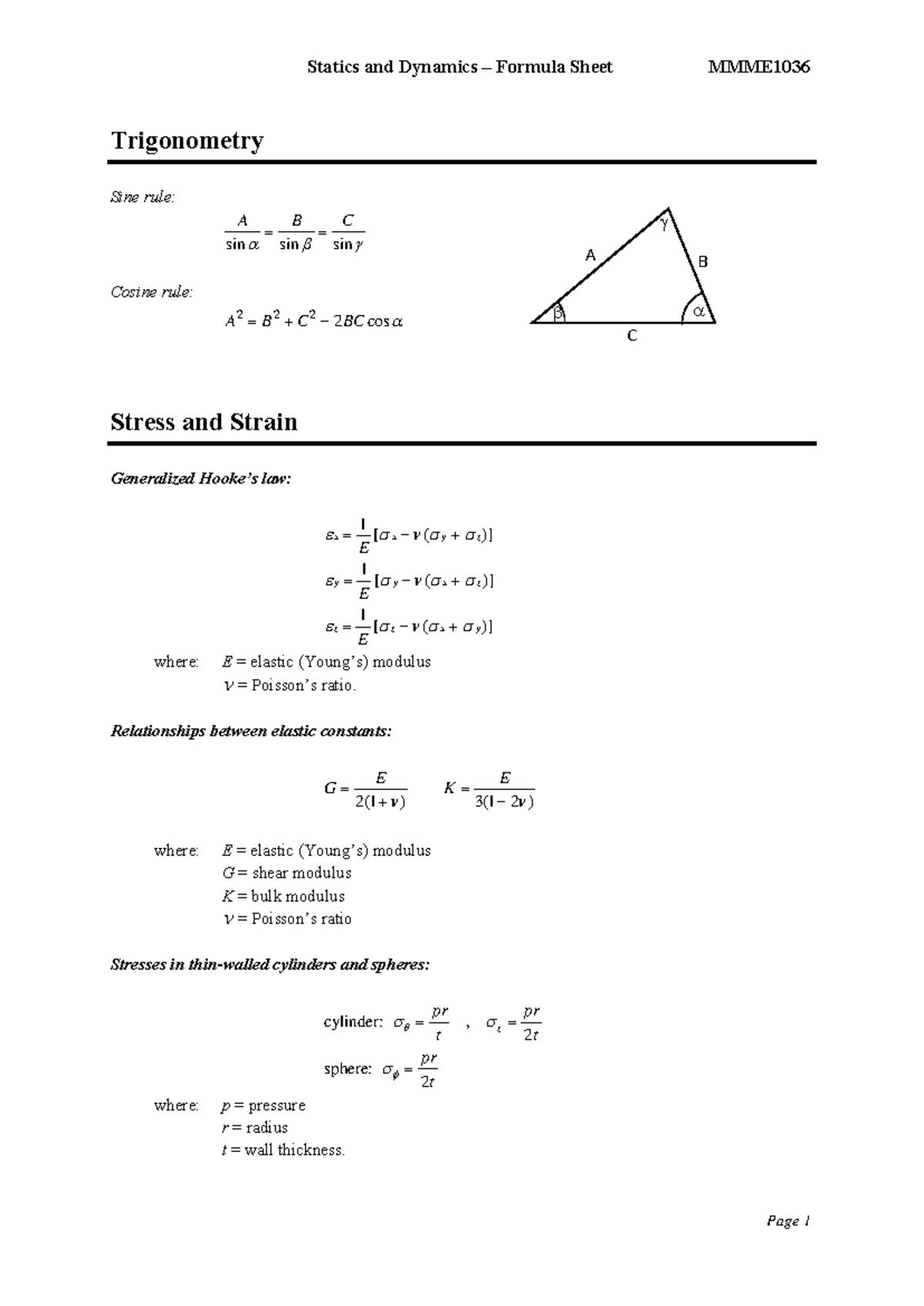 MMME1036 Formula Sheet - Trigonometry ####### Sine rule: ####### sin ...