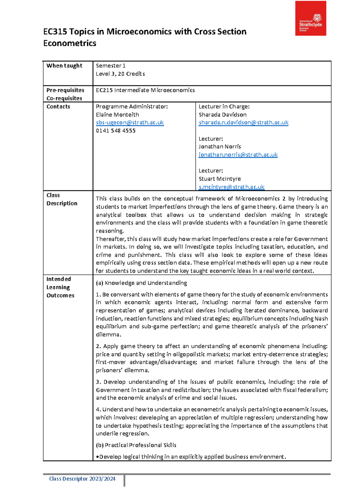 EC315 Topics in Microeconomics with Cross Section Econometrics - Class ...