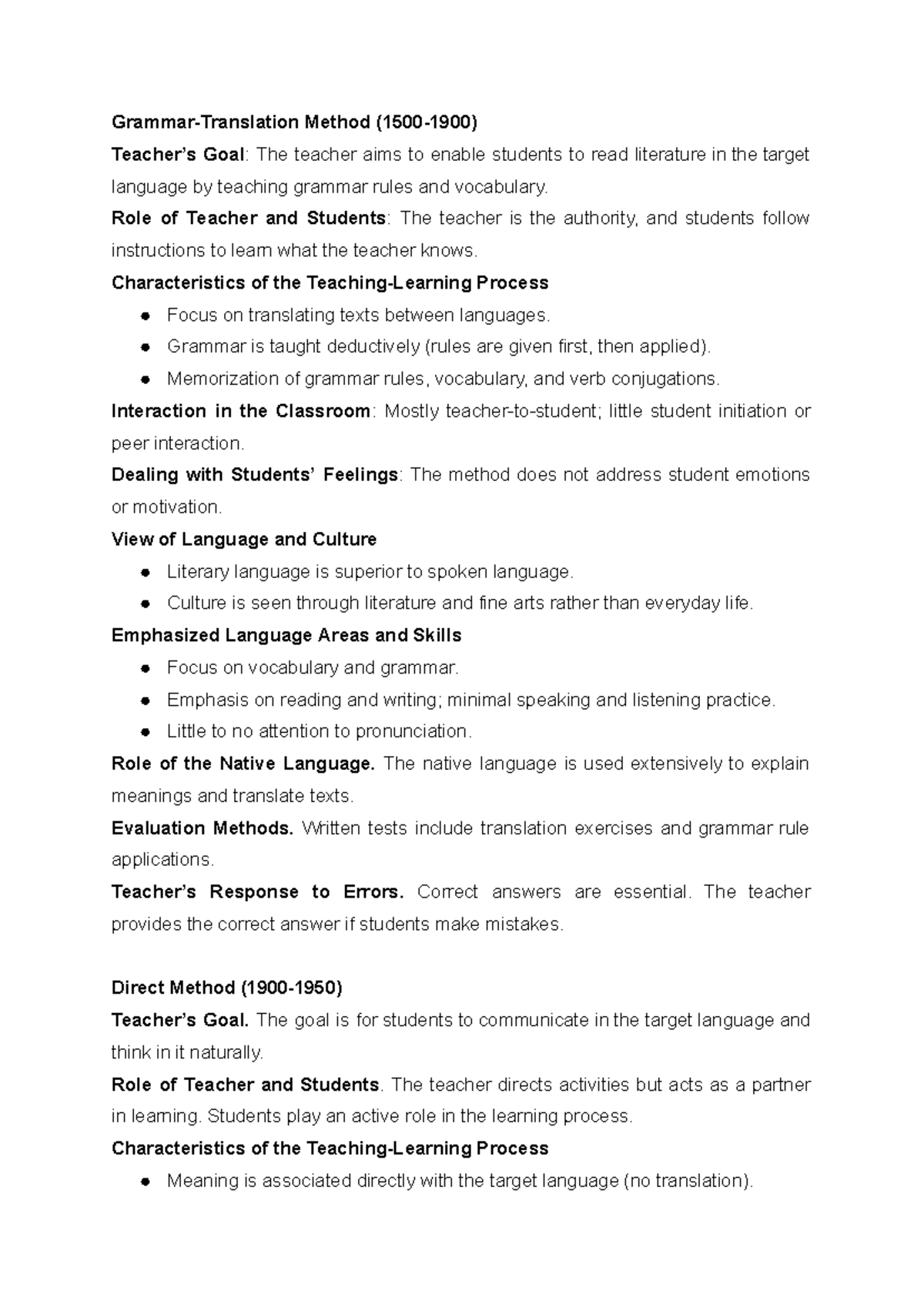 Methods Summary - Resumen of Language Teaching Approaches - Studocu