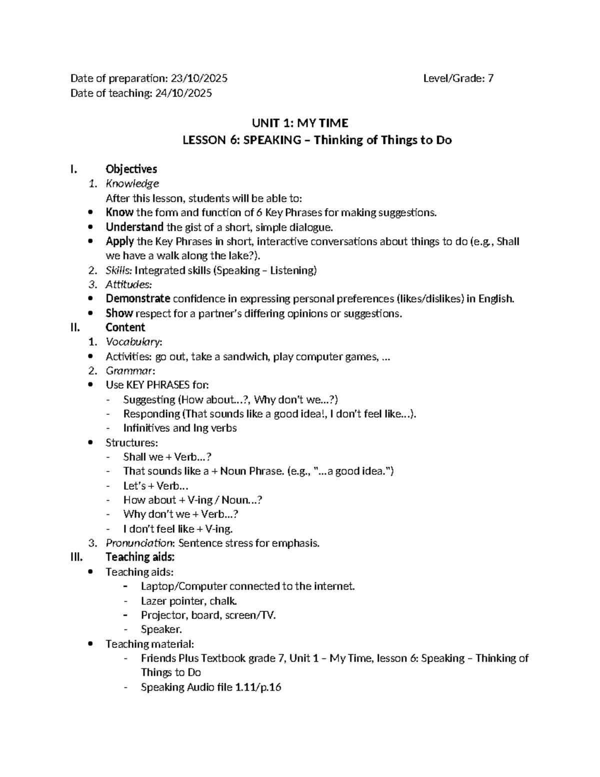 Lesson Plan TESOL Speaking: Unit 1, Lesson 6 - My Time Activities - Studocu