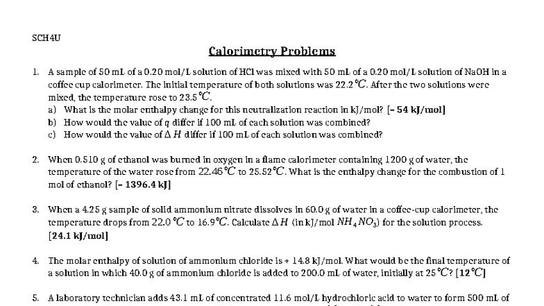 SCH4U Calorimetry Problems Worksheet: Enthalpy Calculations - Studocu