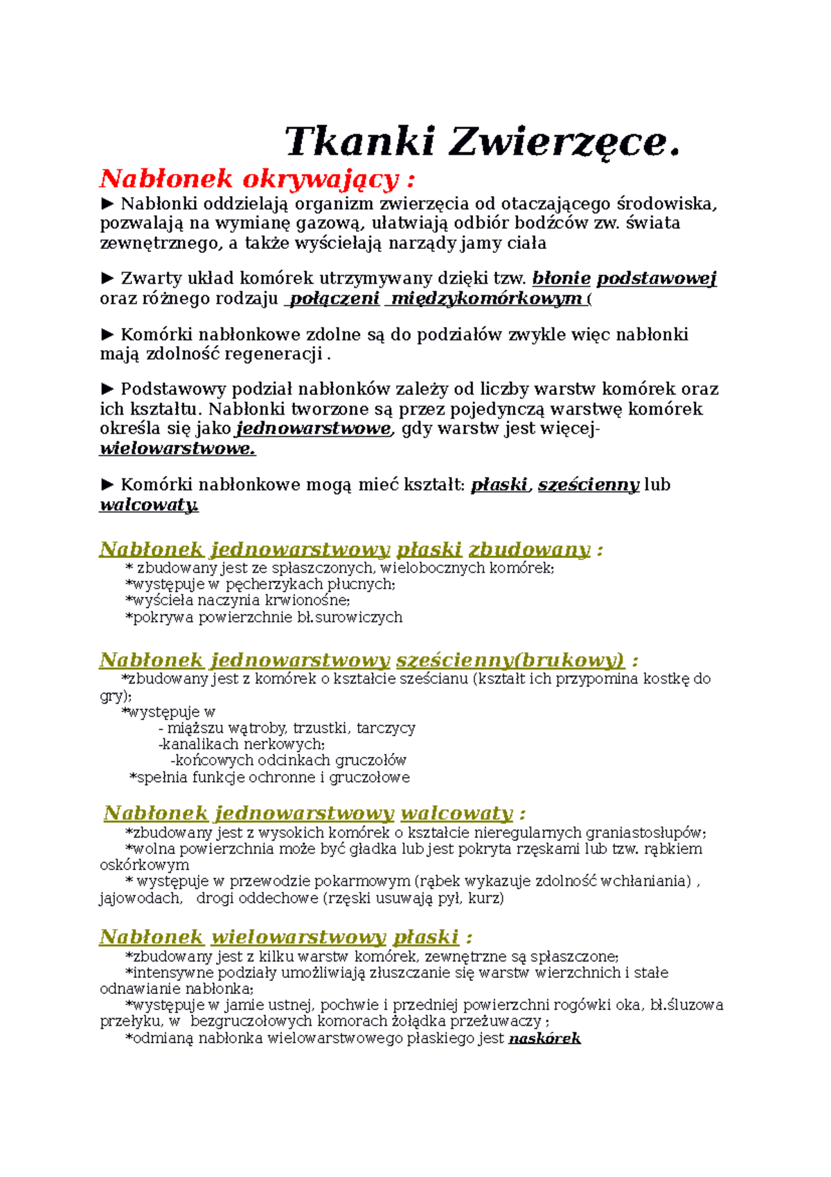 Tkanki Zwierzęce - Opracowanie na Temat Tkanki (Biologia) - Studocu