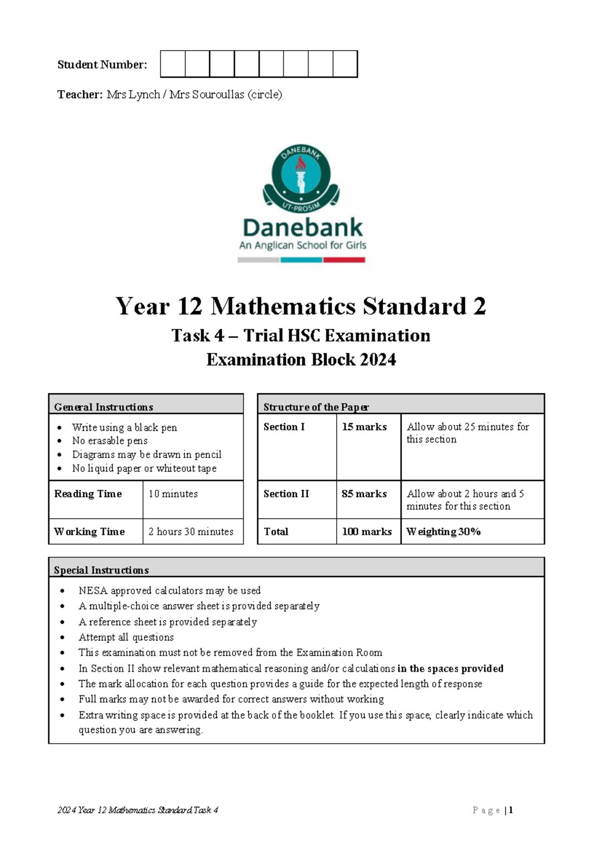 2024 HSC Trial Mathematics Standard Task 4 Exam Solutions - Studocu