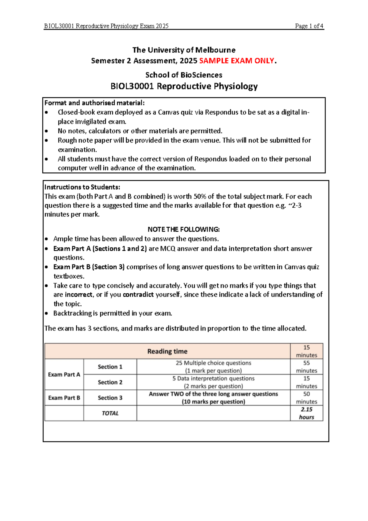 Reproductive Physiology Sample Exam 2025 - University of Melbourne ...